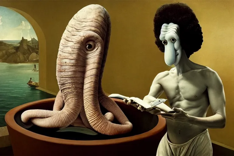 Image similar to hyperrealism aesthetic ridley scott and caravaggio and denis villeneuve style photography of a detailed giant squidward, siting on a detailed ultra huge toilet and scrolling his smartphone in surreal scene from detailed art house movie in style of alejandro jodorowsky and wes anderson