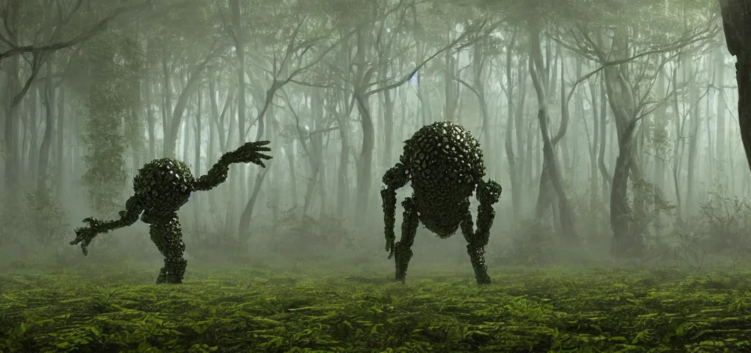 Prompt: a complex organic fractal 3 d metallic symbiotic ceramic humanoid megastructure creature in a swampy lush forest, foggy, sun rays, cinematic shot, isometric, photo still from movie by denis villeneuve, wayne barlowe