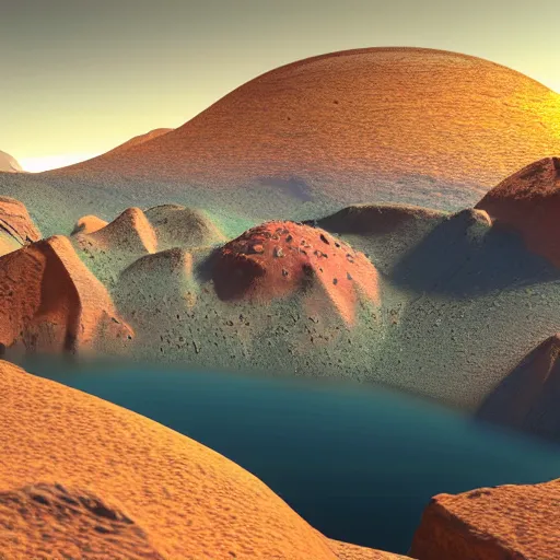 Prompt: photo of life on mars, thriving ecosystem, bright fauna, volumetric light, ponds, mountains, high detail, mountains, geoformations, sunlight