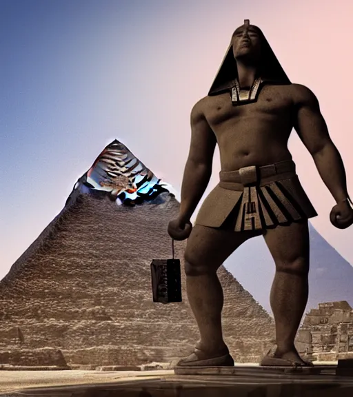 Image similar to a beefy man with a machine gun, egyptian pyramid in the background, 4 k, sharp focus, illustration, highly detailed, cyberpunk