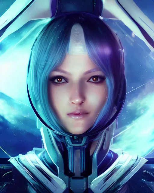 Image similar to perfect android girl on a mothership, warframe armor, beautiful face, scifi, futuristic, galaxy, nebula, raytracing, dreamy, long white hair, blue cyborg eyes, sharp focus, cinematic lighting, highly detailed, artstation, divine, by gauthier leblanc, kazuya takahashi, huifeng huang