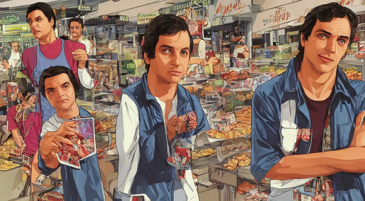 Prompt: GTA V illustration of 1980s Ralph Macchio on the cover of GTA V, in the food court of a 1980’s shopping mall