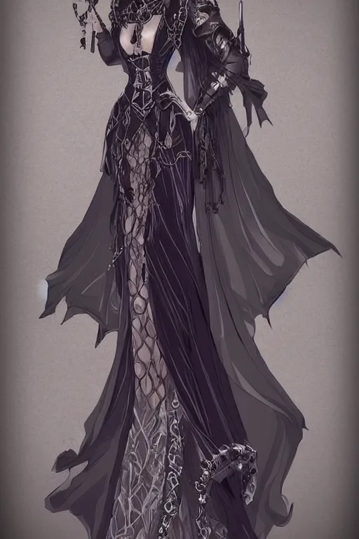 Image similar to pretty gothic sorceress wearing a tight dress with illustrious details, jewelry, ornated clothing, attractive, character concept