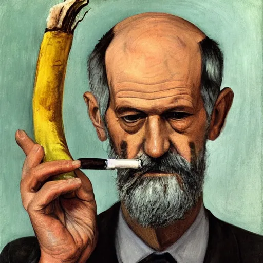 Image similar to portrait of sigmund freud smoking a cig and holding a banana, freudian, symbolic, by lucian freud and neo rauch