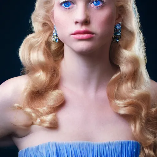 Image similar to close up headshot of a princess with long blonde hair and light blue eyes wearing a strapless elaborately beaded pink dress, high resolution film still, 8k, HDR color, film by Simon Langton and David Frankel, triangular face, slight freckles, round narrow chin, straight jawline, natural lips, high cheekbones