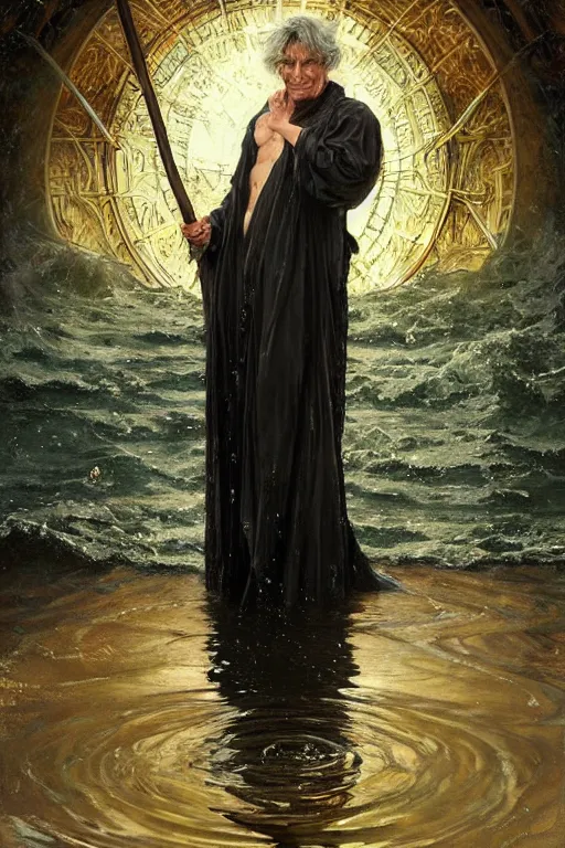 Image similar to portrait of a beautiful man wearing a black robe, holding a long staff, drenched body, wet dripping hair, emerging from the water, fantasy, regal, fractal crystal, fractal gems, by stanley artgerm lau, thomas kindkade, alphonse mucha, loish, norman rockwell ross tran