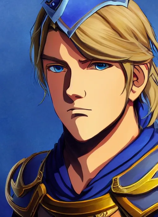 Image similar to portrait of anduin wrynn from wow, studio ghibli epic character with beautiful blue eyes, very beautiful detailed symmetrical face, blonde hair, bright colors, diffuse light, dramatic landscape, fantasy illustration