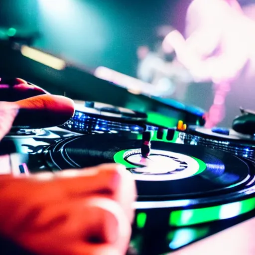 Image similar to DJ Bhumibol spinning turntables during edm concert, photo, close-up, high quality