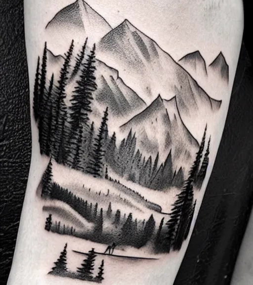 Prompt: a beautiful woman against a background of beautiful mountains and nature, realism tattoo design, in the style of den yakovlev, black and white, hyper realistic, highly detailed