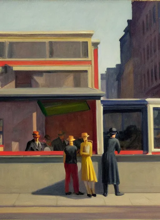 Image similar to in foreground a crowd of tired working citizens carrying their daily routines, while in background there's war and blood and rockets exploding houses and soldiers fire at each other, DSLR 35mm, by Edward Hopper