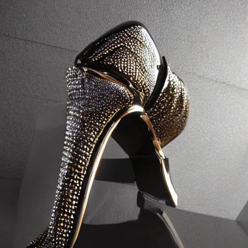 Image similar to High heels, extremely futuristic, extreme curves, metallic, wild lines, with sparkling gems on top, realistic, showcased on a shelf, high detail, photo-realistic, shining