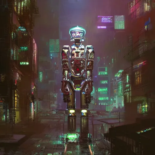 Image similar to extremely detailed realistic digital art render of a ciberpunk mayan robot in a cyberpunk city by night by James Jean y craig mullins street view render in unreal engine, ArtStation, CGSociety