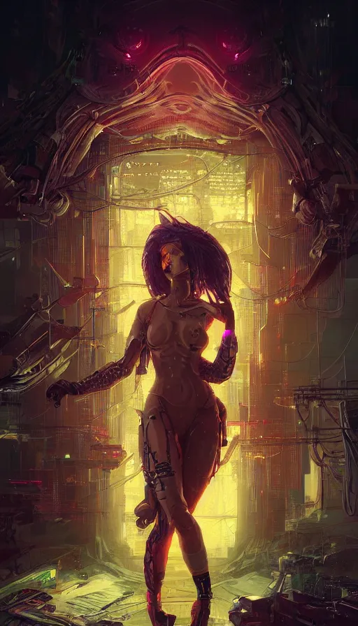 Image similar to I have no mouth and i want to scream, cyberpunk angry gorgeous druid, pixel sorting, neon, fibonacci, sweat drops, insane, intricate, highly detailed, digital painting, artstation, concept art, smooth, sharp focus, illustration, Unreal Engine 5, 8K, art by artgerm and greg rutkowski and alphonse mucha