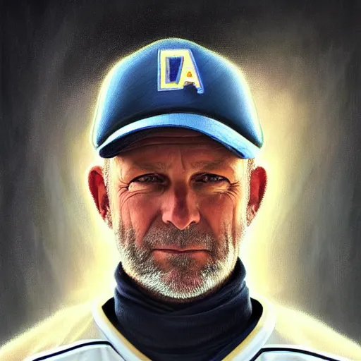 Prompt: beautiful portrait of hockey coach Clint Malarchuk, fantasy, intricate, elegant, highly detailed, digital painting, artstation, concept art, smooth, sharp focus, luxury fashion illustration, art by artgerm and greg rutkowski and alphonse mucha, brightly lit cinematic soft lighting, photorealistic