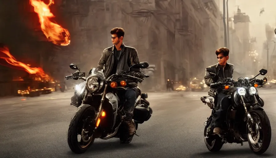 Image similar to a highly detailed epic cinematic concept art CG render digital painting artwork: powerful motorcycle design in the streets of fire movie 8k