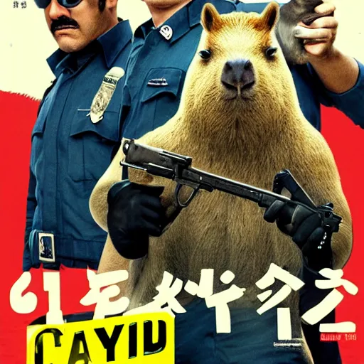 Image similar to movie poster about capybaras dressed as policemen, action movie poster, capybara policemen