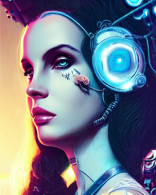 Image similar to portrait of lana del rey as a cyberpunk cyborg. roses, sci - fi, missing panels, intricate abstract upper body intricate artwork, by tooth wu, wlop, beeple, dan mumford. concept art, octane render, deviantart, greg rutkowski, cinematic, key art, hyperrealism, iridescent accents