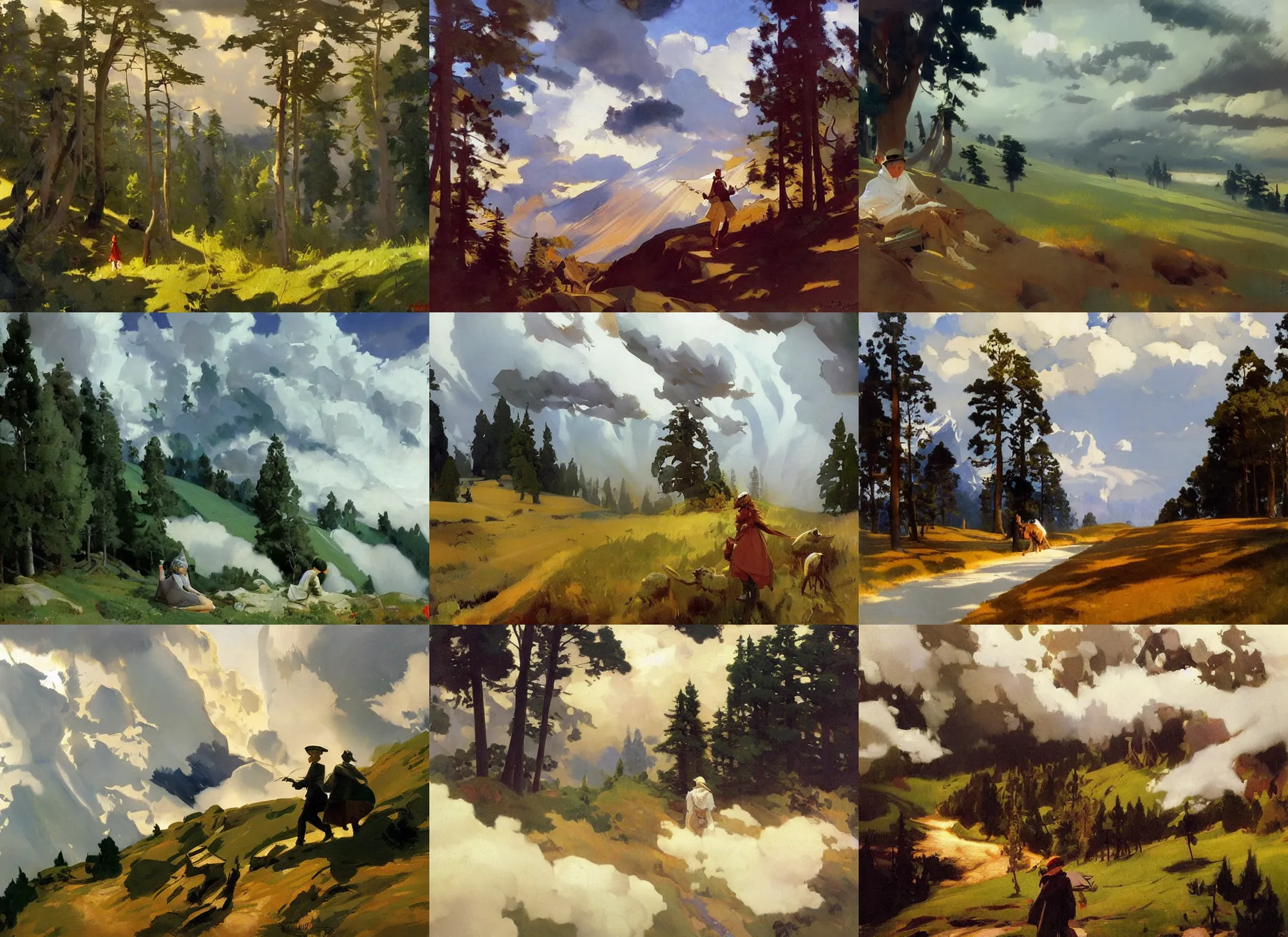 Prompt: painting by sargent and leyendecker and greg hildebrandt savrasov levitan polenov, studio ghibly style mononoke, middle earth above the layered low clouds praire road between forests trees river lakes stones plain land overcast storm masterpiece