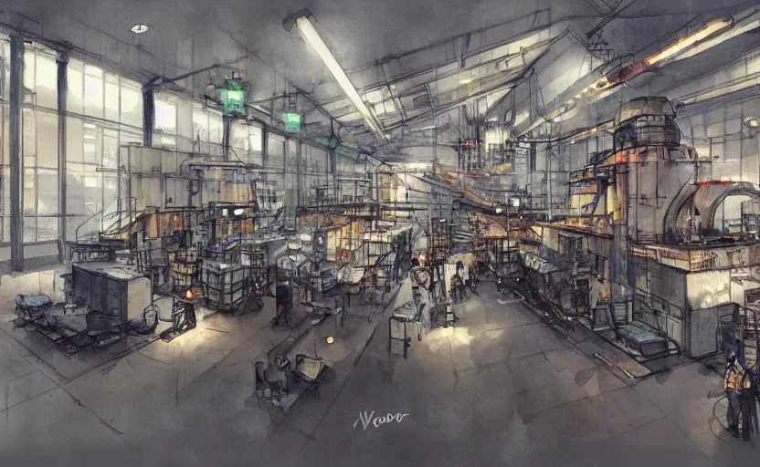 Image similar to concept art of a industrial complex, pinterest, artstation trending, behance, watercolor, by coby whitmore, silver, laser light,