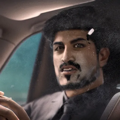 Image similar to saudi arab man smoking inside a car, highly detailed, elegant, sharp focus, anime, digital art, in the style of greg rutkowski and craig mullins 4 k