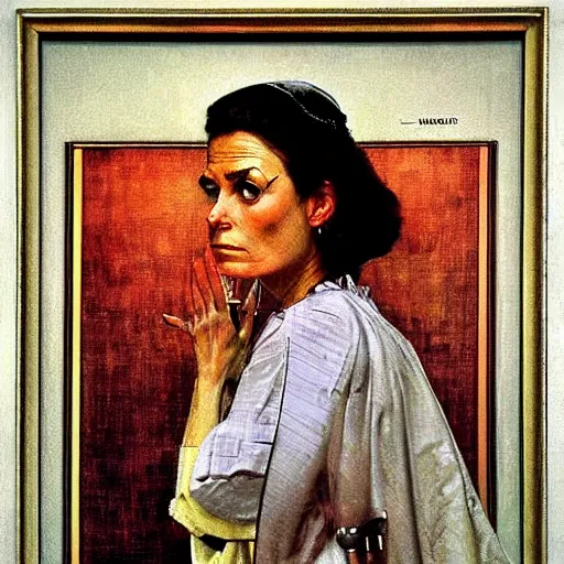 Image similar to Frontal portrait of a science fiction priestess. A painting by Norman Rockwell.