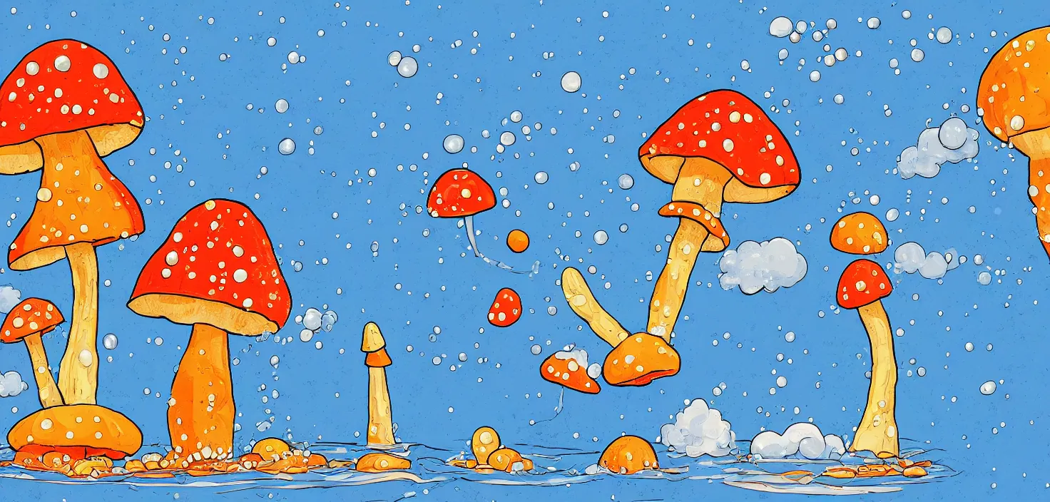 Image similar to a giant mushroom and a giant carrot aking a warm bubble bath, digital art in the style of Ralph goings