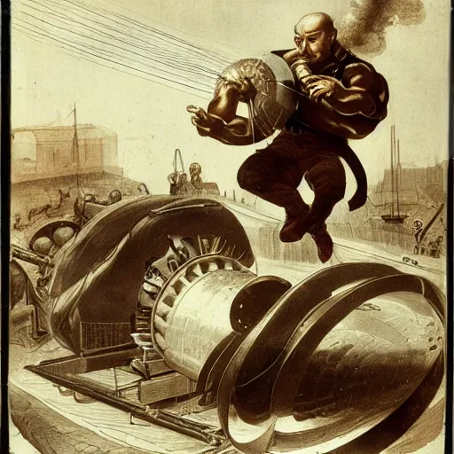 Prompt: a muscular bald man carrying two turbine engines with fire spitting out