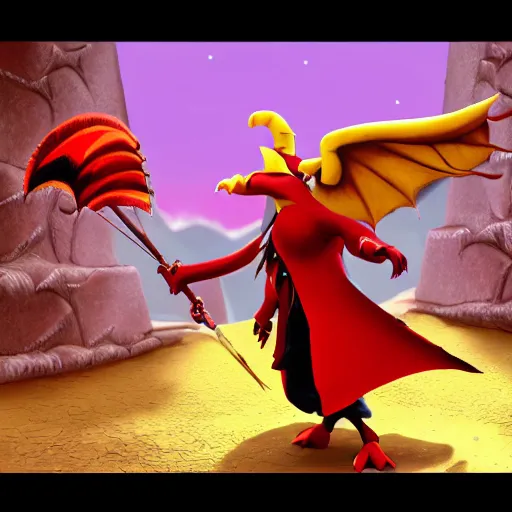 Image similar to screenshot of a humanoid gryphon bard with a red coat as an enemy in spyro the dragon video game concept art, playstation 1 era, activision blizzard, 4 k resolution concept art