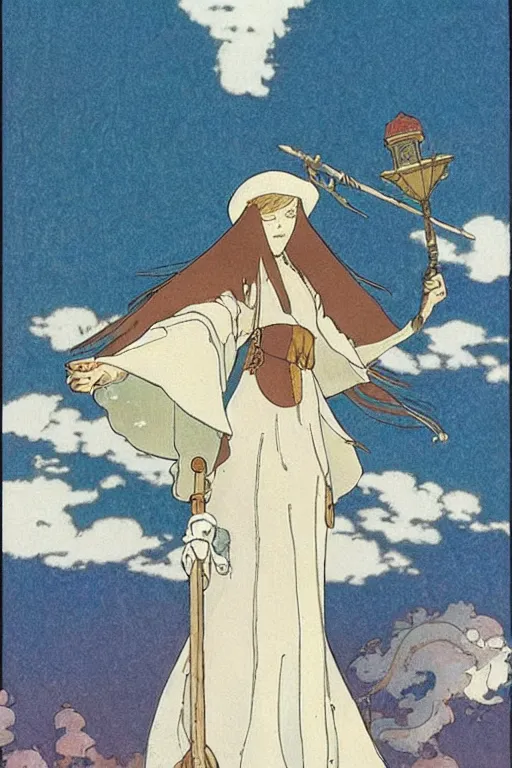 Image similar to A pure white witch wearing a giant hat flies through the skies of a fantasy medieval city on a broomstick by studio ghibli and mucha