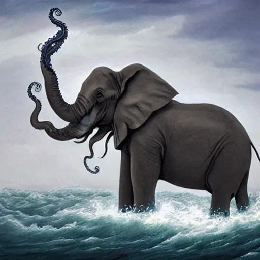 Image similar to angry elephant cthulu with eyes and tentacles at sea storm hyperrealistic