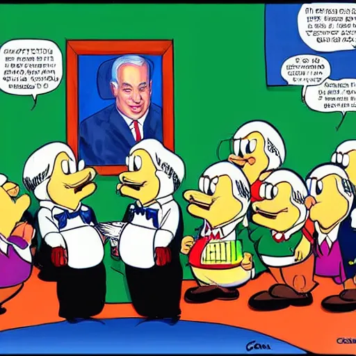 Image similar to Benjamin netanyahu goes to school, cartoon by Carl Barks