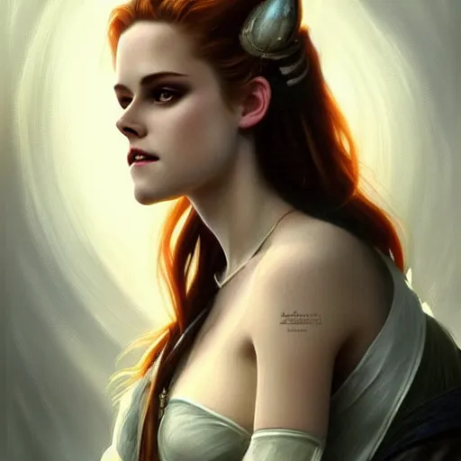 Prompt: portrait of Kirsten Stewart eatkng bananas, extra onions and ketchup, luscious patty with sesame seeds, feminine ethereal, handsome, D&D, fantasy, intricate, elegant, highly detailed, digital painting, artstation, concept art, matte, sharp focus, illustration, art by Artgerm and Greg Rutkowski and Alphonse Mucha