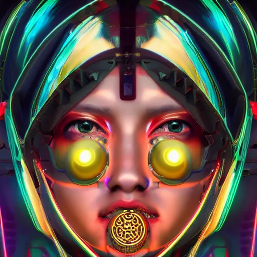 Image similar to centered symmetrical portrait of a persian cyberpunk cyborg japanese girl in kimono with glowing cybernetics, hyperdetailed, digital painting, trending on Artstation, cel-shading style, CG society, hyperdetailed, digital painting, hypermaximalist, golden ratio, volumetric, octane render, weta digital, micro details, 3d sculpture