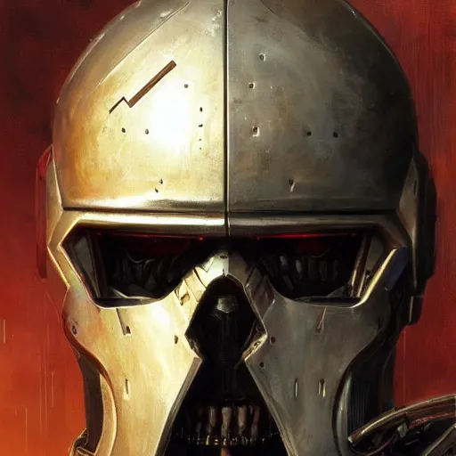 Image similar to the doomslayer as a realistic cyberpunk knight, closeup portrait art by donato giancola and greg rutkowski, realistic face, digital art, trending on artstation, symmetry!!, skull helmet