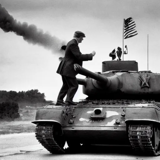 Image similar to world War 2 photography of Donald Trump hugging a tank, shot by Annie Leibovitz, award winning, 4k, 8k, black and white photography, cinematic lighting.