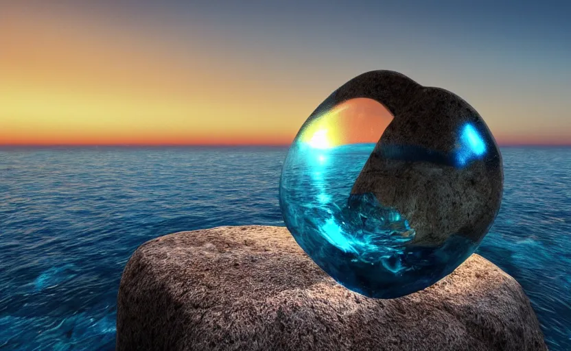 Image similar to a cubic cup of coca-cola with small gas bubbles on a rock near the sea at sunset, anime style, 8k hdr, hyperrealistic, highly detailed, high quality, high coherence, godrays, complementary colours, turbulent sea, path tracing, breathtaking landscape, cinematic lighting, concept art, trending on Artstation