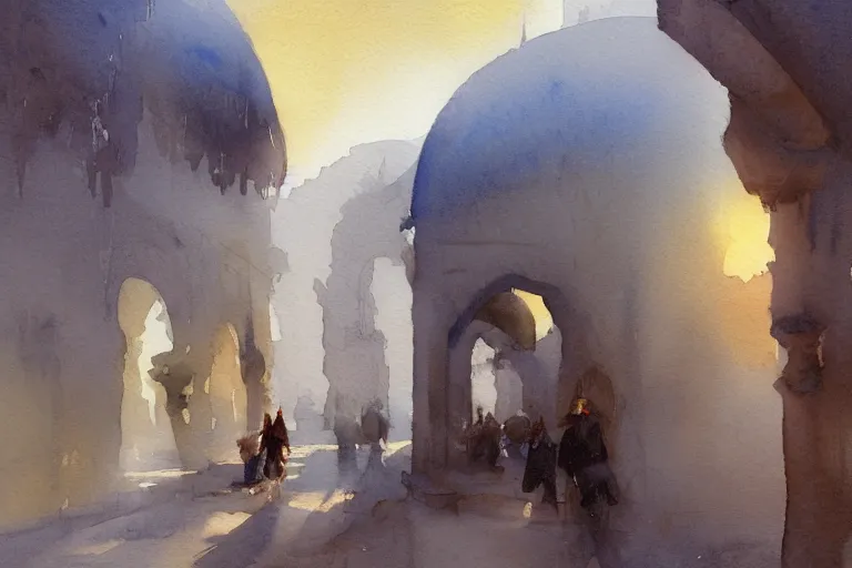 Image similar to small centered on watercolor paper, paint brush strokes, abstract watercolor painting of foggy dawn, ancient arabian sheik palace, cinematic light, national romanticism by hans dahl, by jesper ejsing, by anders zorn, by greg rutkowski, by greg manchess, by tyler edlin