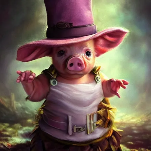 Image similar to epic professional digital airbrushed portrait art of a cute baby piglet dressed as a magician,, best on artstation, cgsociety, wlop, Behance, pixiv, cosmic, epic, stunning, gorgeous,, masterpiece by Dorian Cleavanger and Stanley Lau,