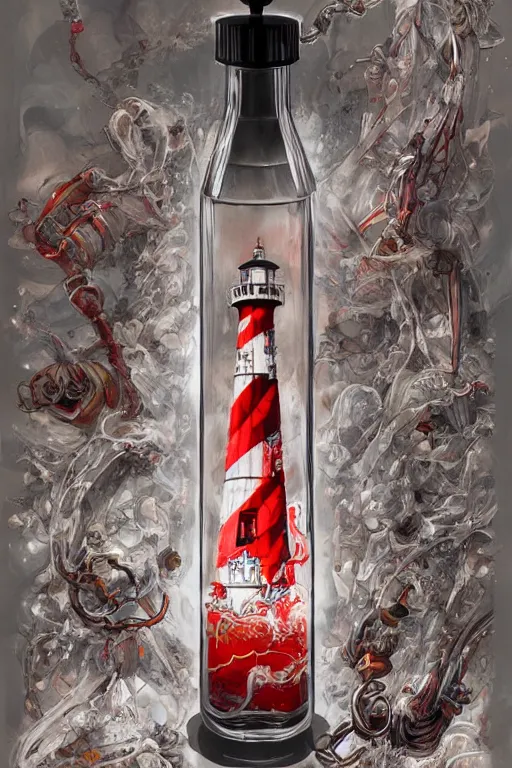 Prompt: a red and white lighthouse inside a clear bottle, very fancy whiskey bottle, intricate concept painting by ayami kojima, daytoner, greg tocchini, james jean, yoshitaka amano