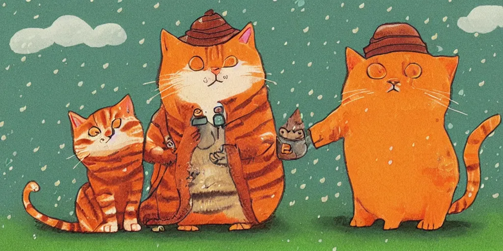 Image similar to a beard man and an orange tabby kitten standing in the rain by richard scarry