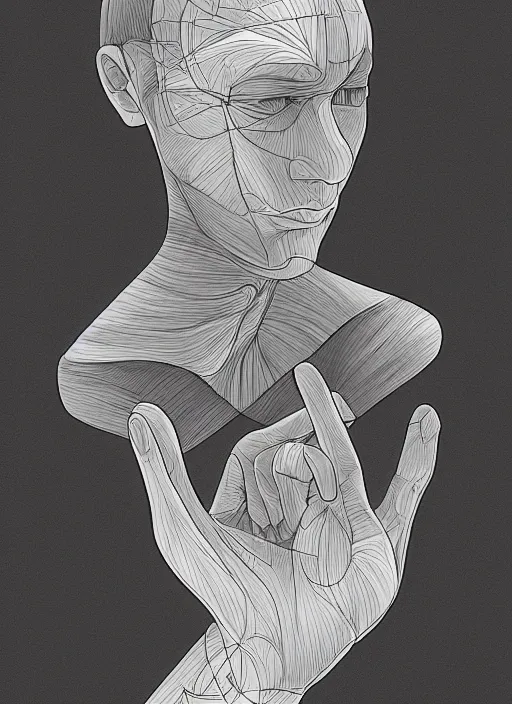 Image similar to character concept portrait of a diffusion model drawing a diffusion model intricate, elegant, digital painting, concept art, smooth, sharp focus, illustration, in the style of escher drawing hands