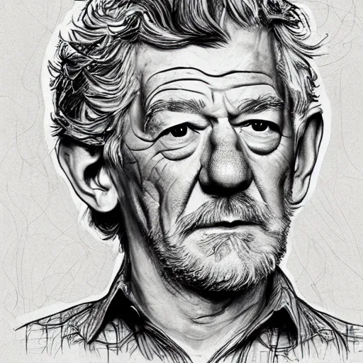 Image similar to a realistic yet scraggly portrait sketch of the side profile of a stern and sophisticated lan mckellen, trending on artstation, intricate details, colorized by lisa frank, in the style of frank auerbach, in the style of sergio aragones, in the style of martin ansin, in the style of david aja, in the style of mattias adolfsson