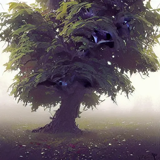 Prompt: a tree with many black colored apples (((leaves))) !!!!!!!black poison apples, painted by rossdraws, greg rutkowski, thomas kindkade