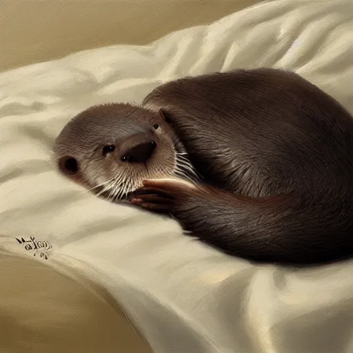 Prompt: a cute otter sleeping with blankets. soft, atmospheric, warm lighting. highly detailed digital painting by mandy jurgens.