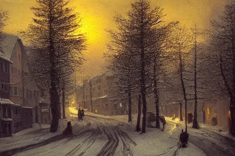 Prompt: pine tree-lined street at evening in a very beautiful Norwegian city in winter by Rembrandt, colorful scandinavian architecture, strong dramatic cinematic lighting, lost civilizations, smooth, sharp focus, extremely detailed