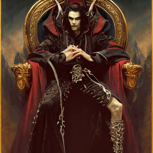 Image similar to perfectly centered portrait of attractive vampire king in a robe sitting on a throne of bones, highly detailed painting by gaston bussiere, craig mullins, j. c. leyendecker, 8 k