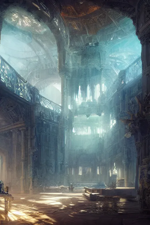 Image similar to inside of an atlantis palace, intricate, elegant, volumetric lighting, digital painting, highly detailed, artstation, sharp focus, illustration, concept art, ruan jia, steve mccurry