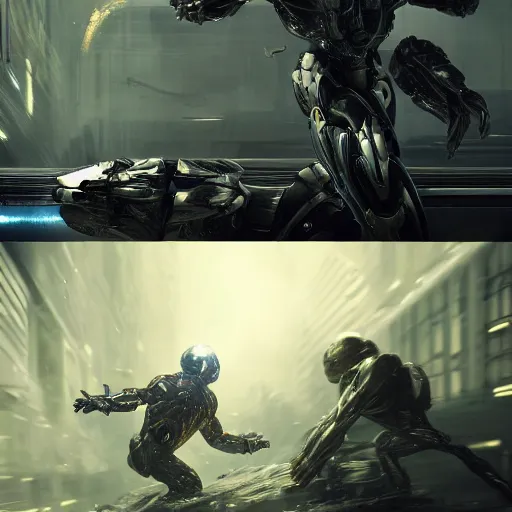 Image similar to Nanosuit from Crysis 4 fighting a cyborg, by Cedric Peyravernay, highly detailed, excellent composition, cinematic concept art, dramatic lighting, trending on ArtStation