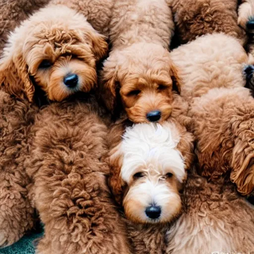 Prompt: a huge pile of golden doodle dogs, photography