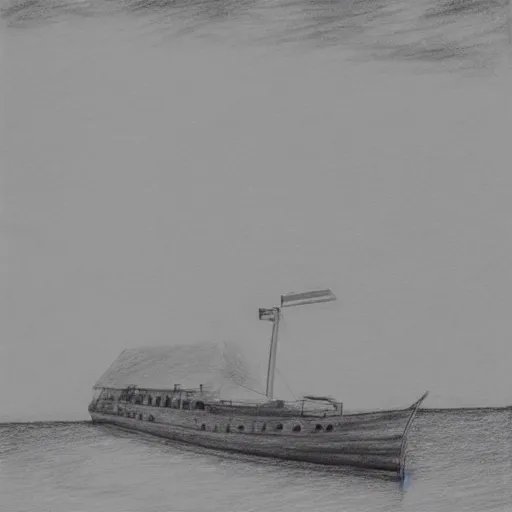 Image similar to A ship on a deserted island, realistic pencil drawing on white background